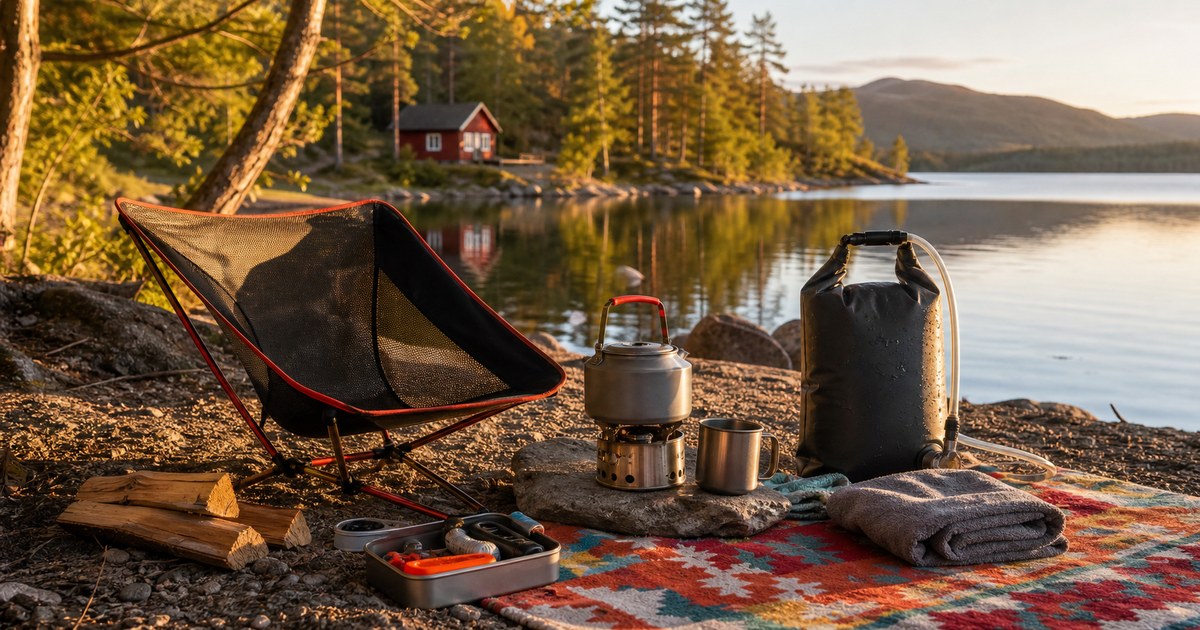 Backpacking Chair, Fire Starter, and Portable Shower Bag for Cleaner Camps