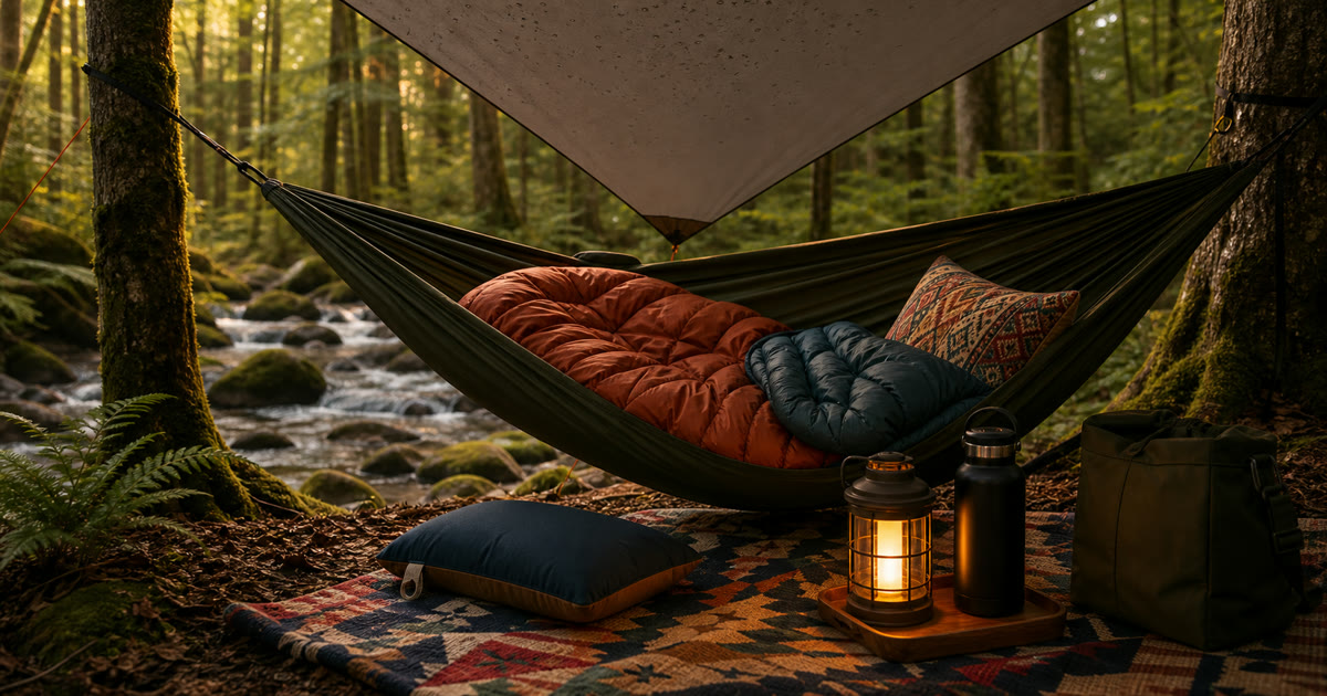The Hammock, Tarp, Lantern, and Blanket Slow Camp Corner