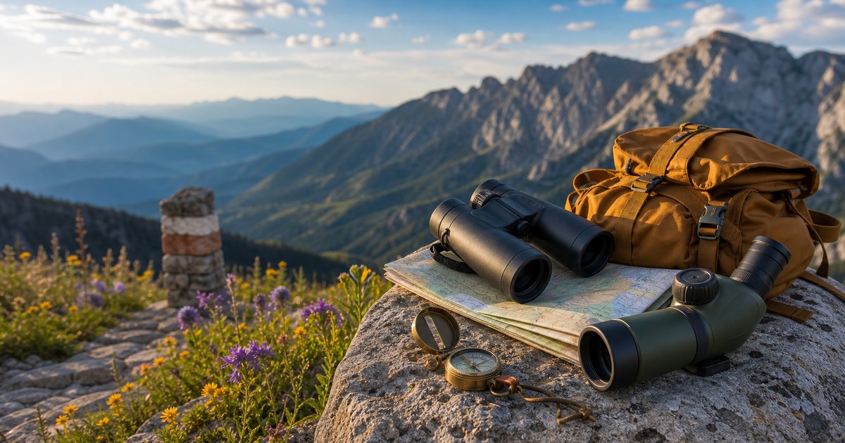 Hiking Compass, Binoculars, and Spotting Scope Tools for Slower Outdoor Days