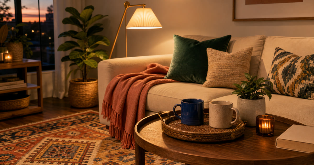 The Living Room Evening Reset: Throw, Tray, Lamp, and Rug