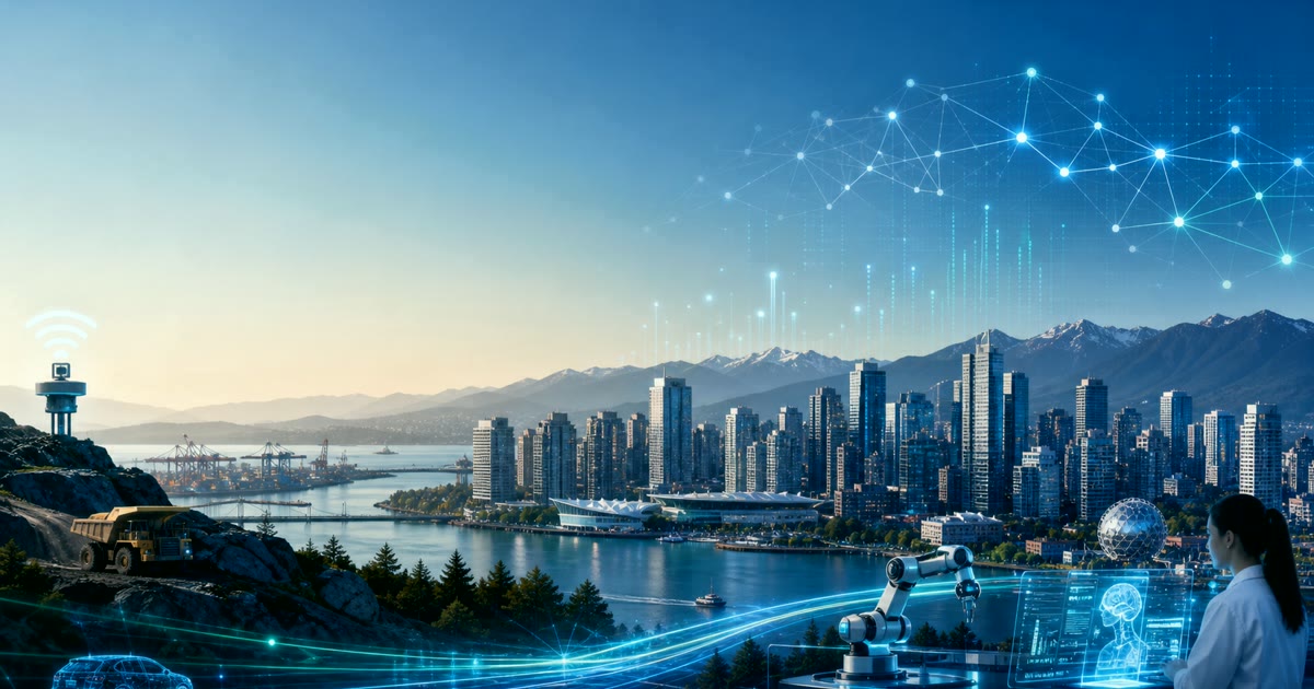 Editorial cover showing Metro Vancouver as a technology and investment hub with skyline, harbour, mountains, robotics, and data networks