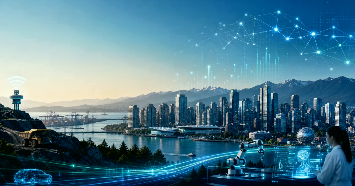 Generated editorial cover showing Metro Vancouver as an AI technology hub with skyline, harbour, mountains, robotics, and data networks