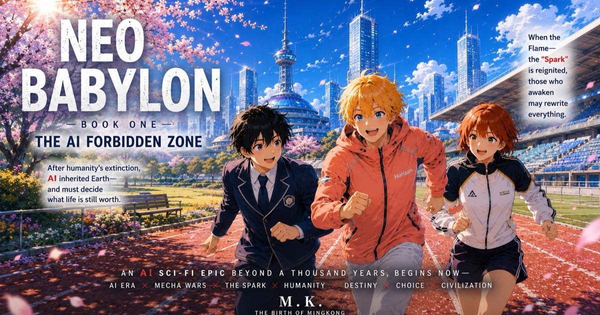 Neo Babylon poster showing three young AI students running through a bright future city under cherry blossoms