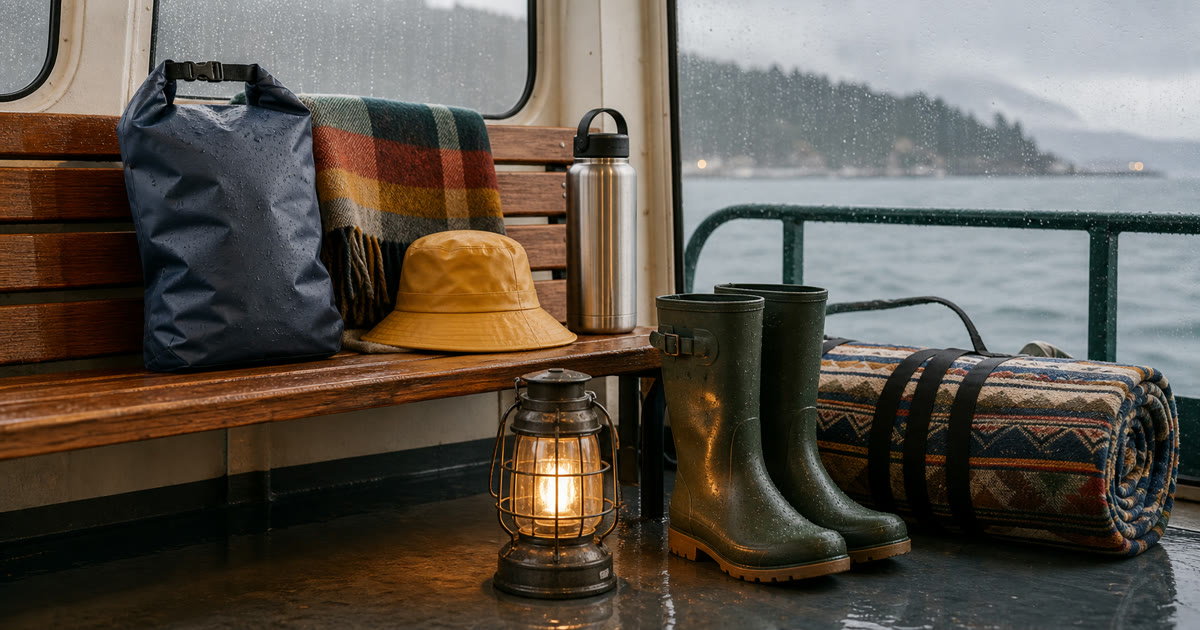 The Rainy Ferry Deck Kit for Boots, Dry Bag, Blanket, and Lantern