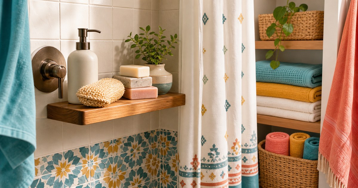 The Simple Shower Shelf: Body Wash, Bar Soap, Scrub, and Towel Flow