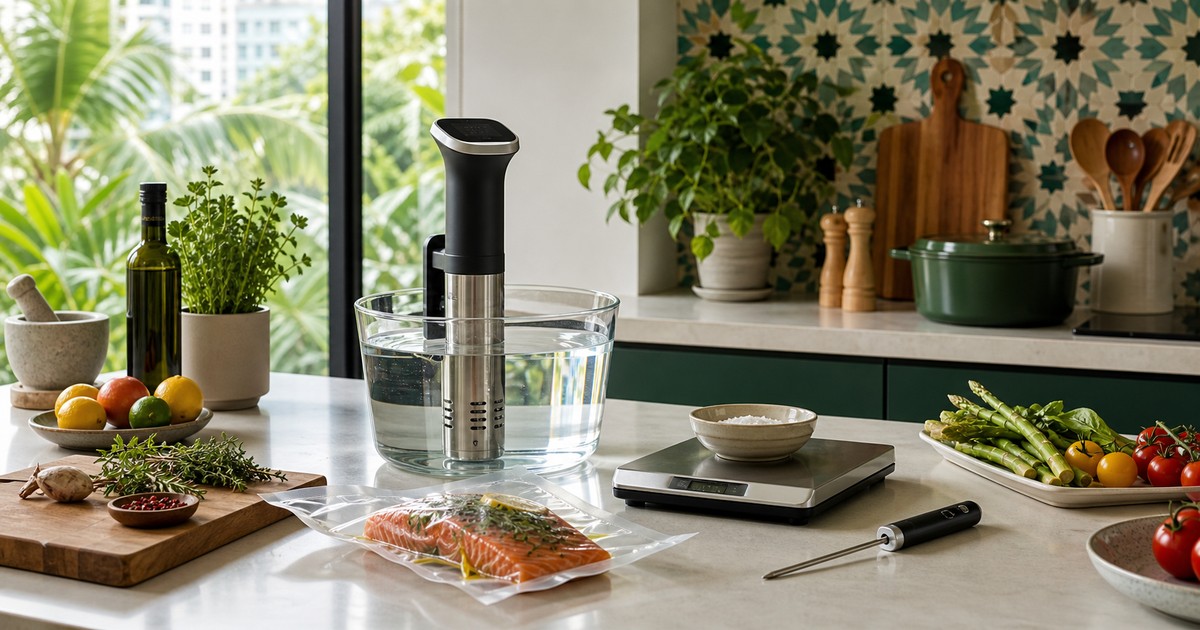 Sous Vide, Thermometer, and Food Scale Tools for Careful Home Cooking