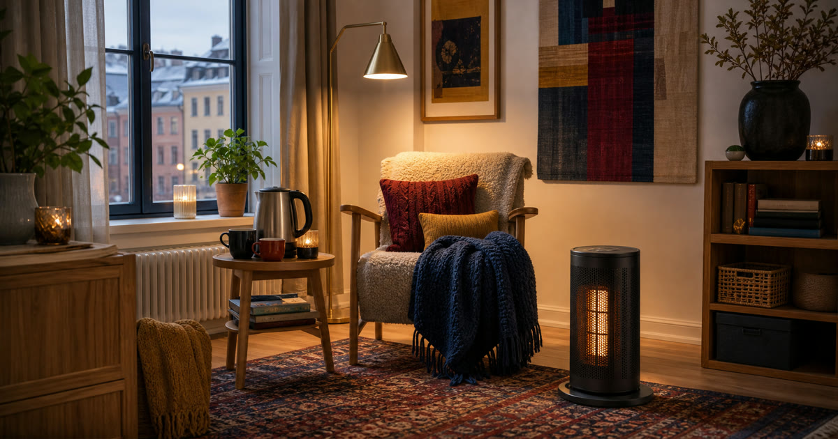 The Space Heater, Throw Blanket, and Floor Lamp Winter Comfort Corner